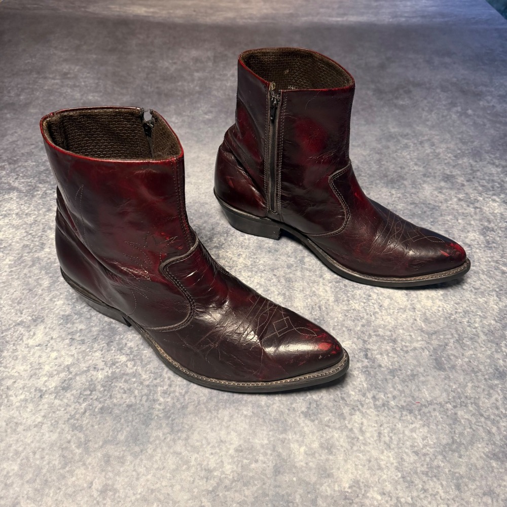 Vintage Double H Men Side Zip Western Ankle Boots Burgundy Leather 12 D USA 1952